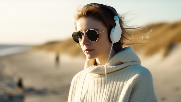 Foto een vrouw met een zonnebril en een trui staat op een strand met een witte koptelefoon op.