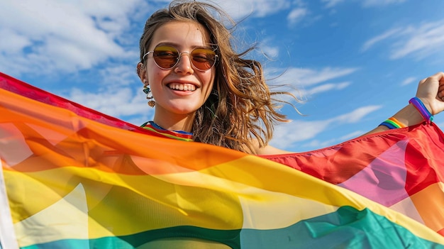 een vrouw met een zonnebril houdt een regenboogvlag vast