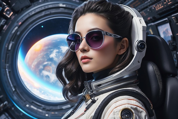 Een vrouw met een zonnebril in de ruimte.