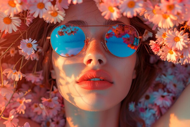 Foto een vrouw met een zonnebril met bloemen lente zomer vibes ai gegenereerd