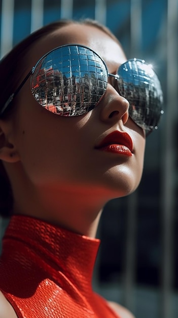 Een vrouw met een zonnebril met de weerspiegeling van een stad in het glas.