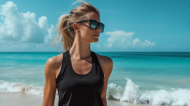 een vrouw met een zonnebril staat op een strand met de oceaan op de achtergrond