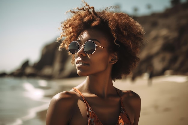 Een vrouw met een zonnebril staat op een strand met een zonnebril op.