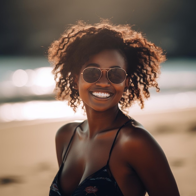 Een vrouw met een zonnebril staat op een strand met een zonnebril op.