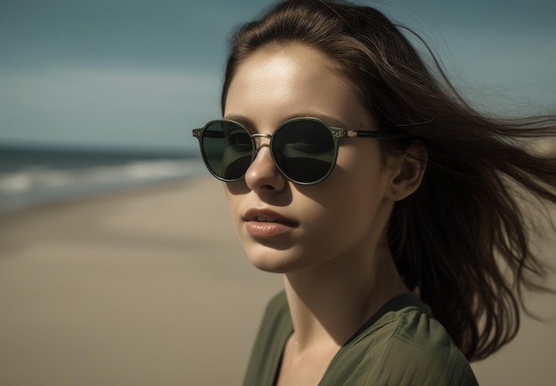 Een vrouw met een zonnebril staat op een strand.