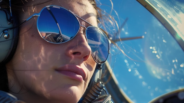 Foto een vrouw met een zonnebril zit in de cockpit met koptelefoon.