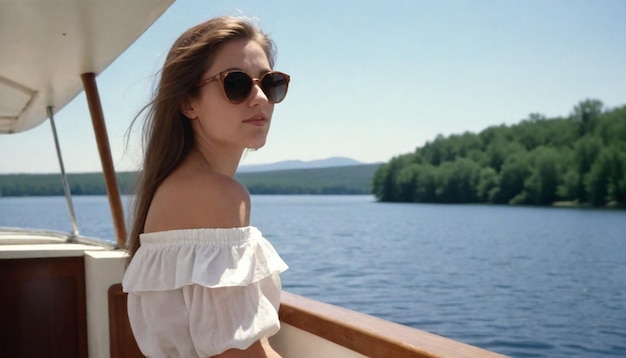 een vrouw met een zonnebril zit op een boot met een meer op de achtergrond