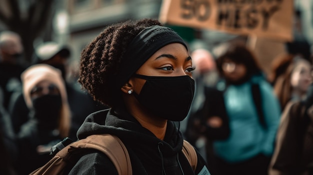 Een vrouw met een zwart gezichtsmasker en een bord met de tekst 50 west.