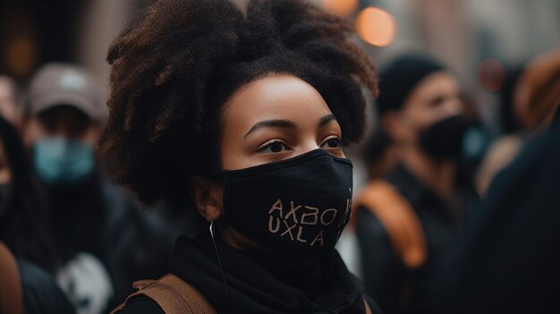 Een vrouw met een zwart gezichtsmasker met het woord axdo erop.