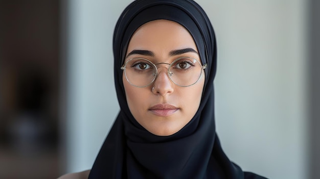 Een vrouw met een zwarte hijab en een bril