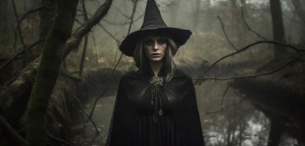 Een vrouw met een zwarte hoed staat in een bos.