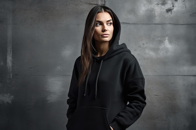 Een vrouw met een zwarte hoodie met het woord liefde erop