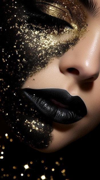 een vrouw met een zwarte lippenstift en gouden glitters op haar lippen.