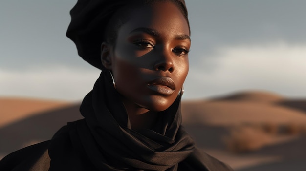 Een vrouw met een zwarte sjaal staat in de woestijn