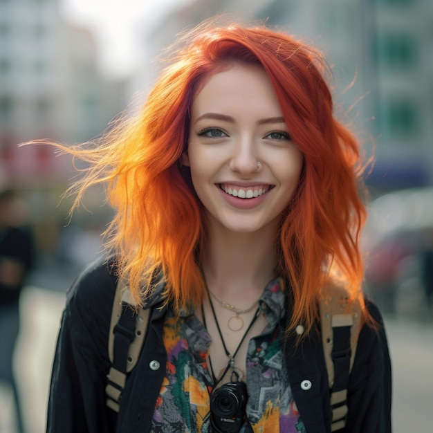 een vrouw met fel oranje haar en een zwart jasje met een zwart jasje aan.