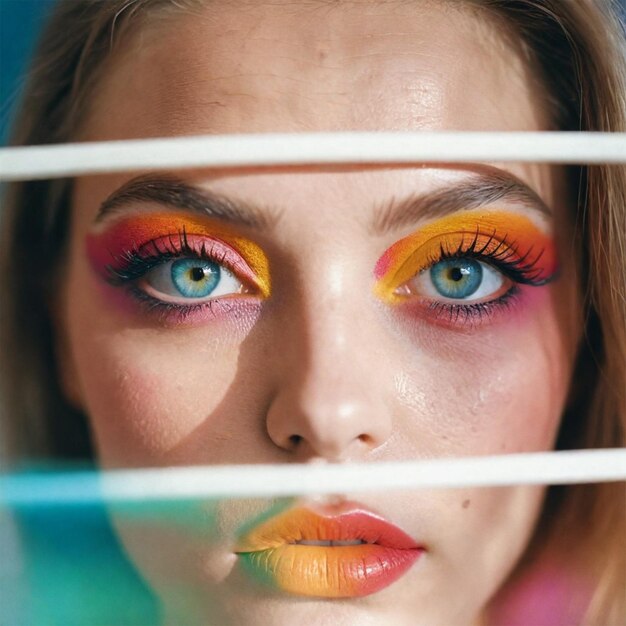 Foto een vrouw met felgekleurde ogen en een gele en oranje make-up