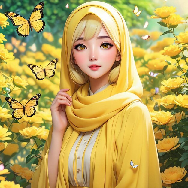 Een vrouw met geel haar en een gele sjaal met vlinders erop.