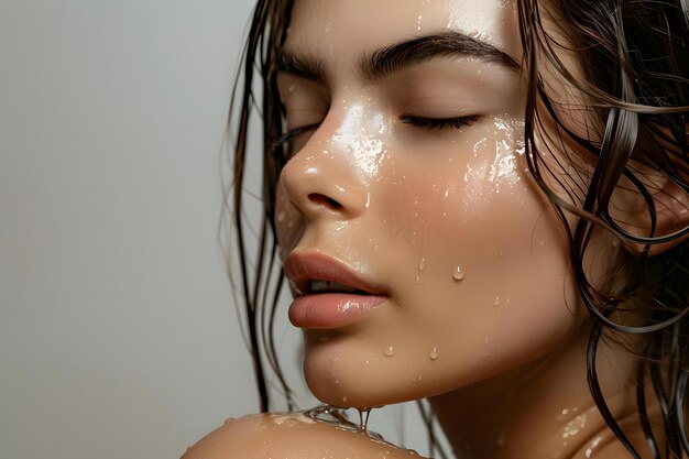 Een vrouw met glanzend vers behandeld haar in een professionele studio omgeving Concept Studio Fotografie Professionele kapsel Glanzend haar Schoonheid Portret