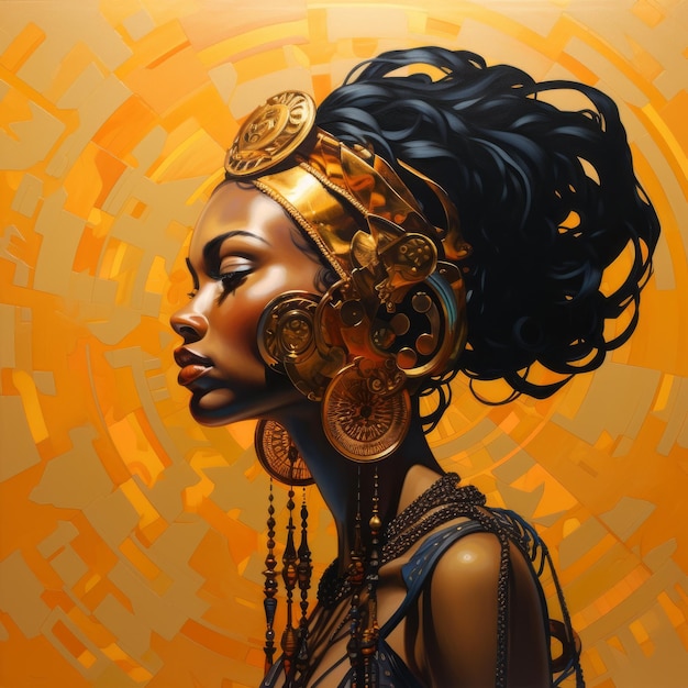 een vrouw met gouden hoofddeksel en grote gouden voorwerpen