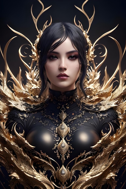 Een vrouw met gouden vleugels en een zwarte jurk met gouden vleugels en een gouden kroon.