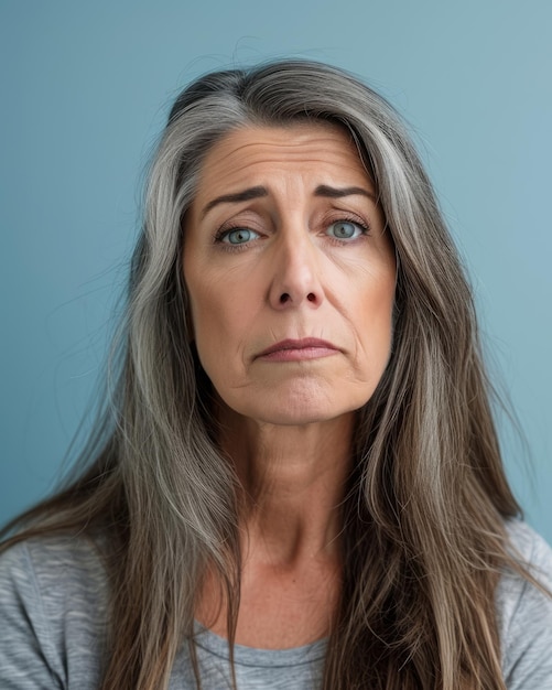 Een vrouw met grijs haar en een droevige blik op haar gezicht