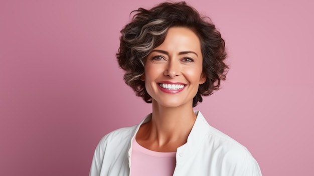 een vrouw met grijs haar en een roze shirt glimlacht