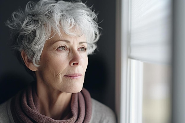 een vrouw met grijs haar en een sjaal die uit een raam kijkt