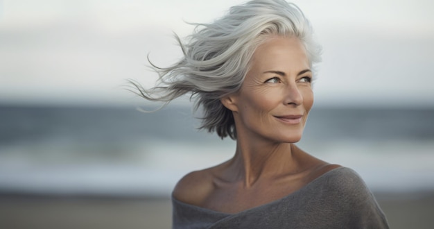 een vrouw met grijs haar en een wit topje staat op het strand