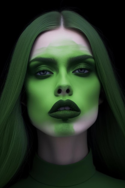 Een vrouw met groen haar en een groene make-up.