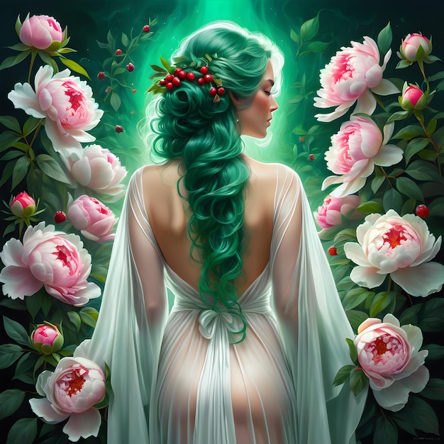een vrouw met groen haar en een witte jurk met bloemen op de achtergrond
