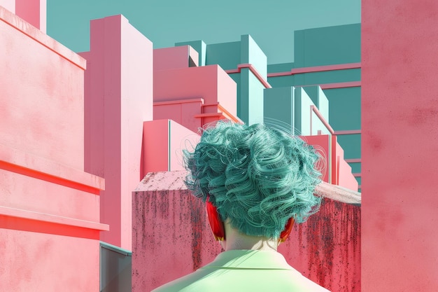 Een vrouw met groen haar staat voor een roze gebouw.