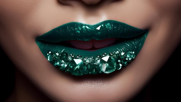 Een vrouw met groene lippenstift met diamanten op haar lippen