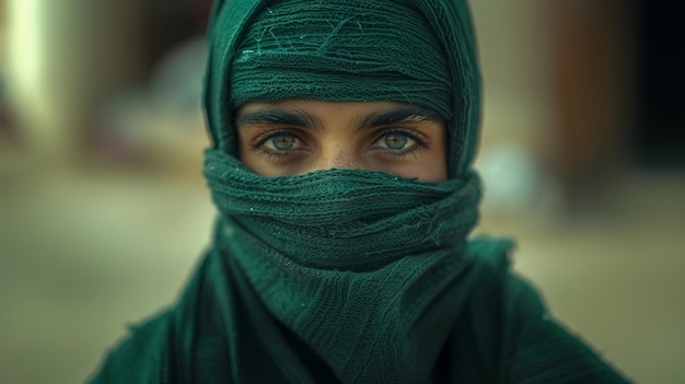 een vrouw met groene ogen die een groene sjaal draagt