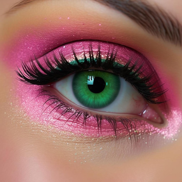 Een vrouw met groene ogen en een groen oog met groene oogschaduw.