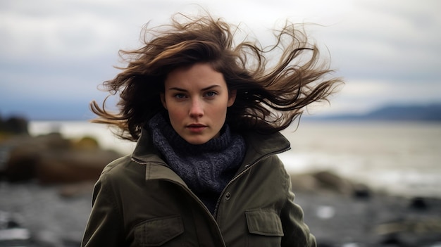 Een vrouw met haar haar in de wind.