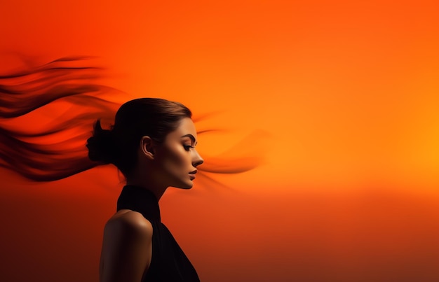 Een vrouw met haar haar in de wind.