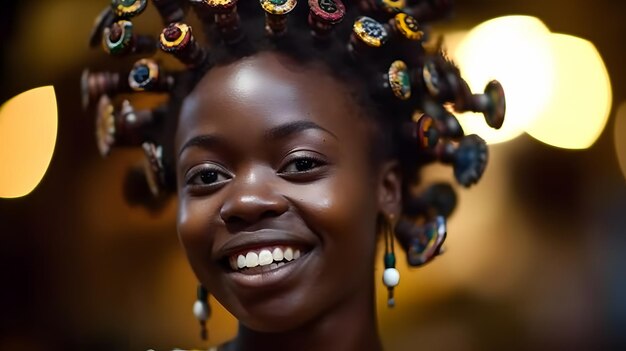 Een vrouw met haar haar in krulspelden en een glimlach op haar gezicht.