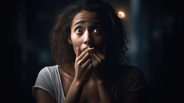 Een vrouw met haar handen voor haar mond kijkt naar de camera.