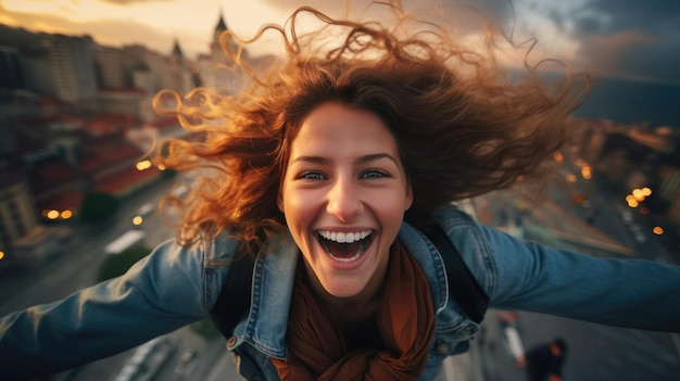 Een vrouw met haar haren wapperend in de wind