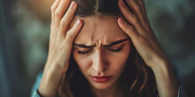 een vrouw met haar hoofd in haar handen houdt haar hoofd met haar handen over haar hoofd