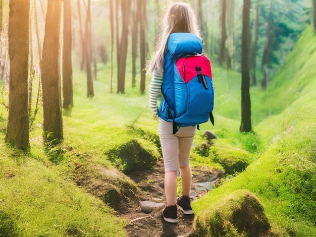 Foto een vrouw met haar kap en haar rugzak op de top van een berg