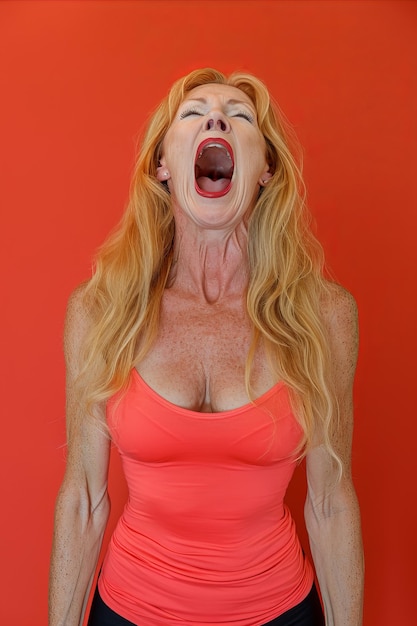 Foto een vrouw met haar mond open voor een oranje achtergrond