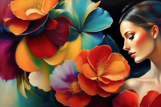 Een vrouw met haar ogen dicht en haar ogen dicht wordt omringd door bloemen.