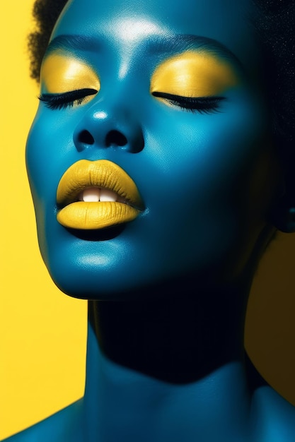 Een vrouw met helderblauwe ogen en gele make-up.