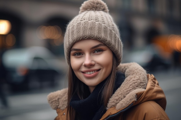 Een vrouw met hoed en jas staat op straat.