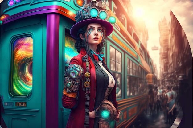Een vrouw met hoge hoed staat voor een trein.