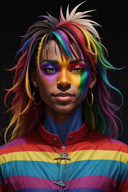 Een vrouw met kleurrijk haar en een regenboogkleurig shirt heeft een regenboogkleurige afbeelding van een vrouw met kleurrijk haar.