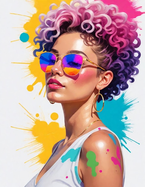 een vrouw met kleurrijk haar en een zonnebril heeft kleurrijke haren