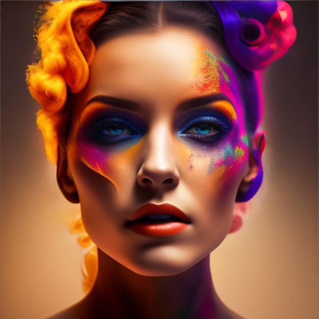 Een vrouw met kleurrijk haar en regenbooghaar make-up.