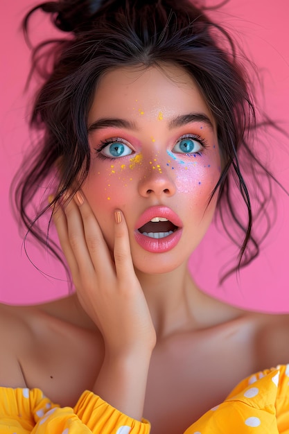 Een vrouw met kleurrijke make-up op een roze achtergrond
